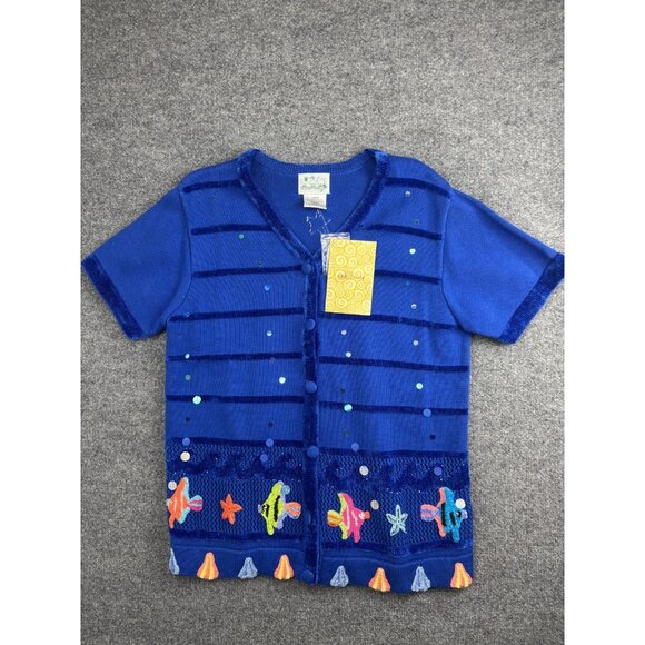 Quacker Factory Sweater Womens Large Short Sleeve Sequin Fish Ocean Theme Top - Picture 1 of 7